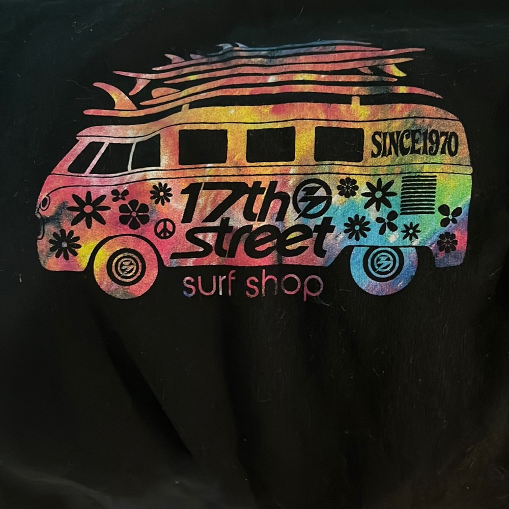Large Black 17th street hoodie with zipper and tie dye design.